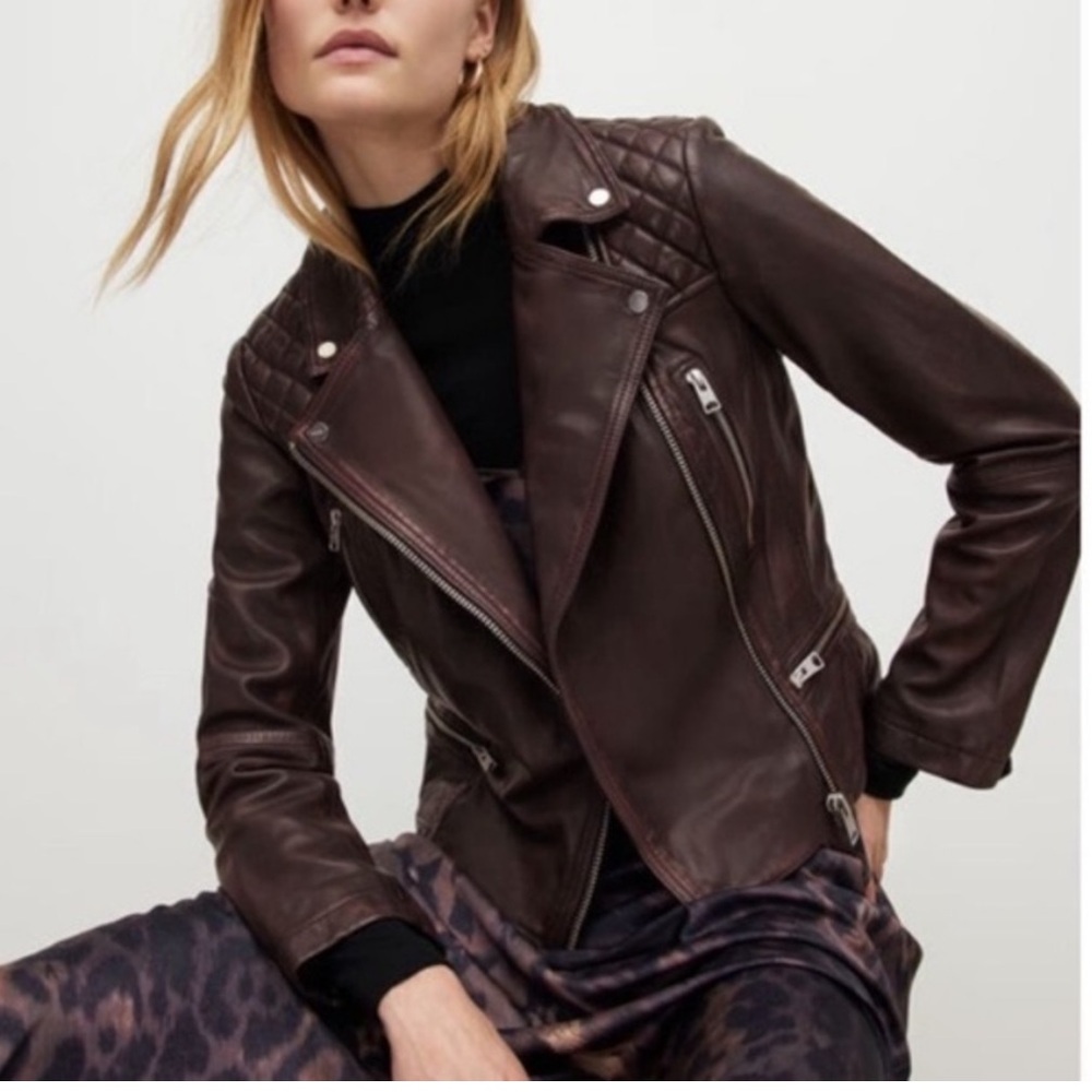 All Saints Women's Dark Brown Leather Biker Jacket